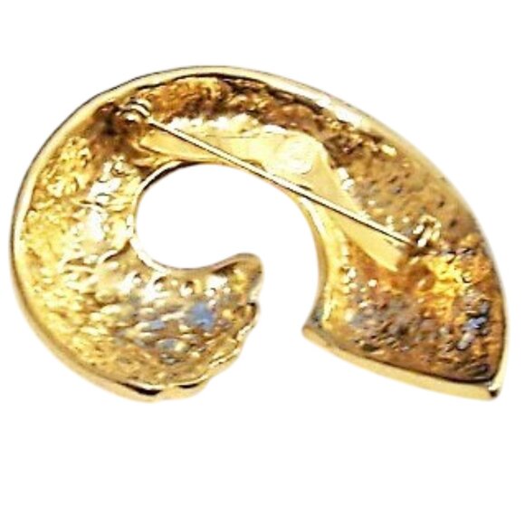 Crescent Circle Pin Brooch Gold Vintage Deep Lined Open Wide Band Scallop Edge - Picture 2 of 3